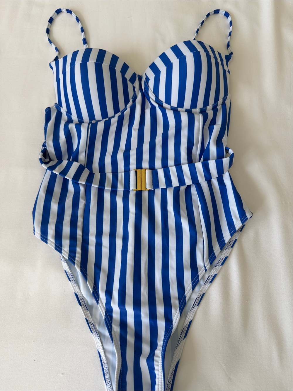 Classic Blue & White Striped One-Piece Swimsuit with Belt Accent M